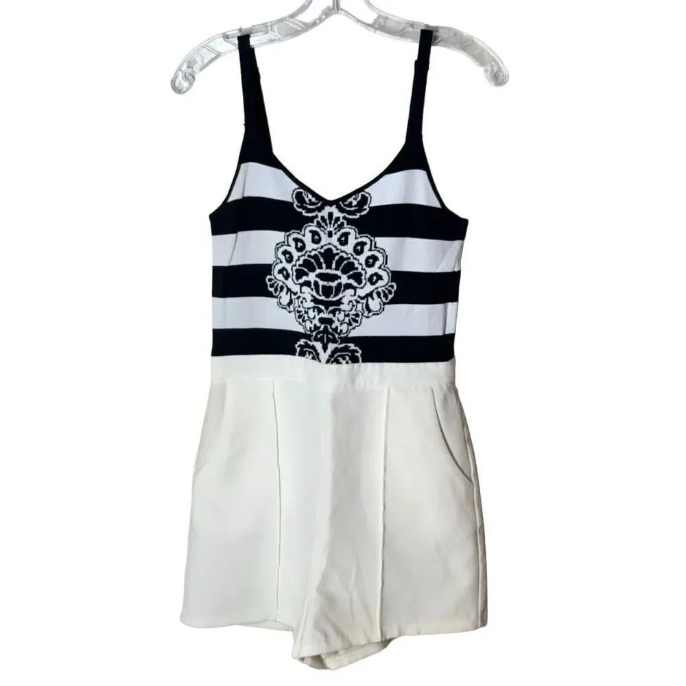 Jealous Tomato Intarsia Tank Romper in Cream & Black S FLAWS